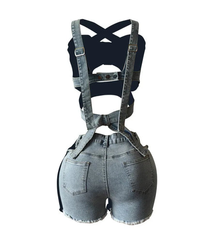 Women's Sexy Denim Halter Neck Crop Tops and Ripped Out Shorts Jeans