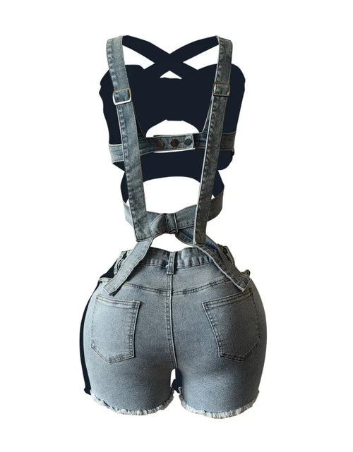 Load image into Gallery viewer, Women's Sexy Denim Halter Neck Crop Tops and Ripped Out Shorts Jeans

