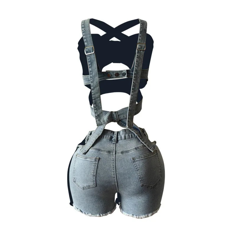 Women's Sexy Denim Halter Neck Crop Tops and Ripped Out Shorts Jeans
