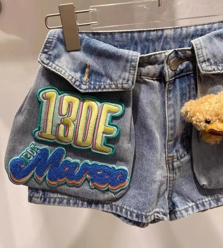 Women Denim Shorts With Bear Velcro Design