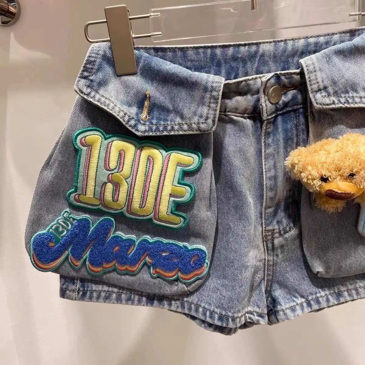 Women Denim Shorts With Bear Velcro Design