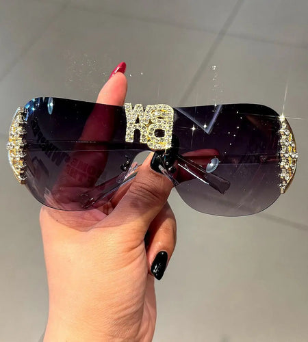 Luxury y2k Rimless Women's Sunglasses with Rhinestone Letters Brand Designer Sun Glasses for Outdoor UV400