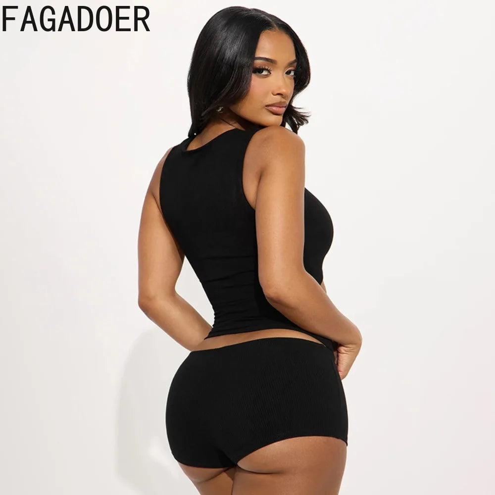 Women's Sexy Hollow-out Two Piece Sets Sleeveless Crop Top + Shorts