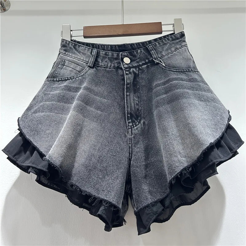 Women's Patchwork Hem Wash Denim Shorts Summer Trendy High Waist A-line Shorts