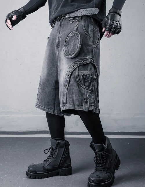Load image into Gallery viewer, 2026 Summer Washed Vintage Punk Jean Shorts With Small Pouch Style Metal Eyelets Spliced Denim Shorts
