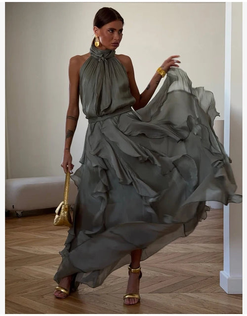 Load image into Gallery viewer, Women's Sleeveless Halter Neck Ruffle Maxi Dress Elegant Chiffon Tiered Waist Cinching Ankle-Length Solid Color Party Dress
