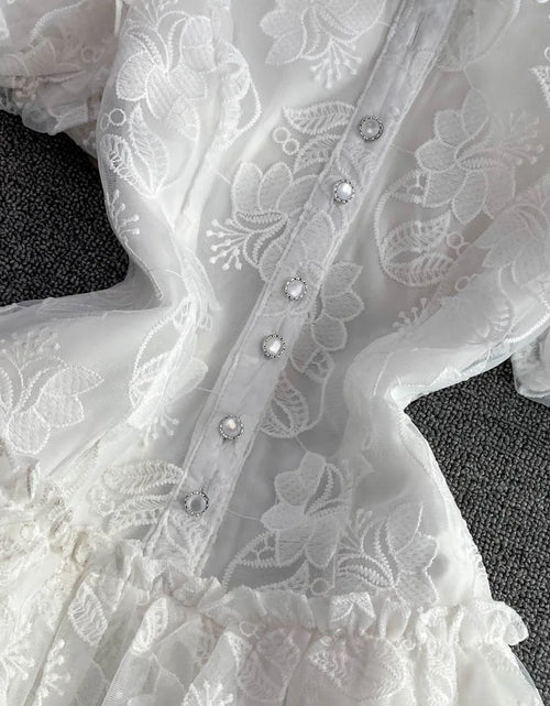 Load image into Gallery viewer, Women's Vintage Lace Gown Mini Dress Turn down Collar Puff Sleeve Single Breasted Elegant above Knee Elegant Office Lady Dress
