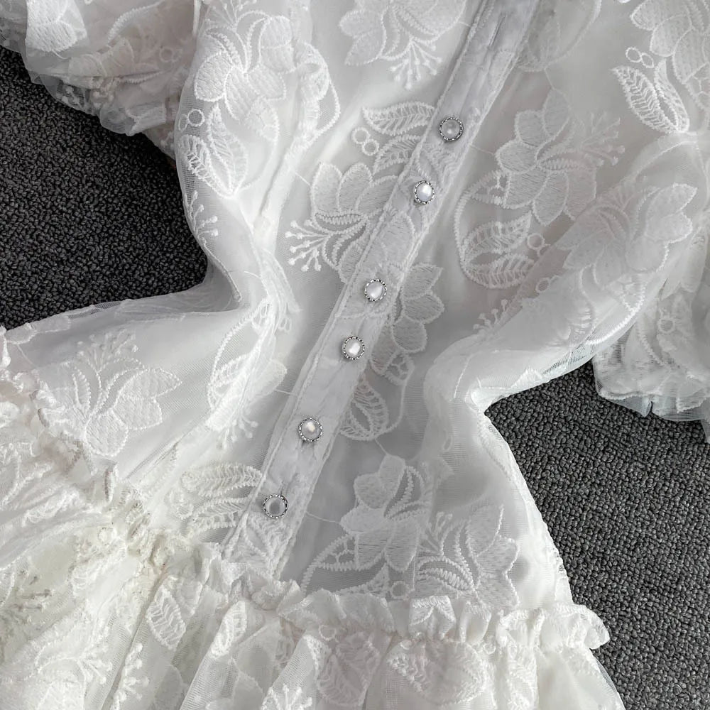 Women's Vintage Lace Gown Mini Dress Turn down Collar Puff Sleeve Single Breasted Elegant above Knee Elegant Office Lady Dress