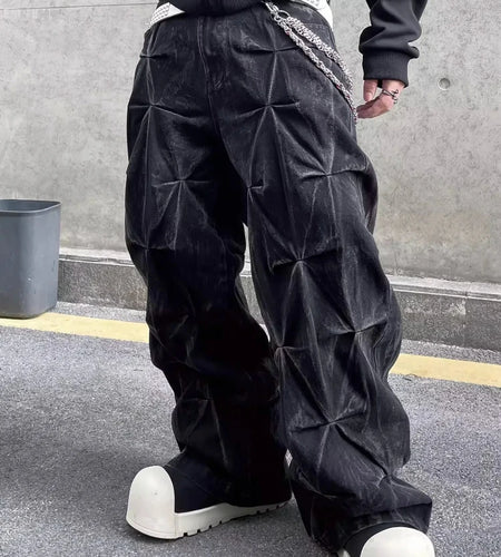 Men's Jeans Y2K Streetwear Black Pleated Baggy Denim Pants  Wide Leg Loose Fit Casual Fashion Trend