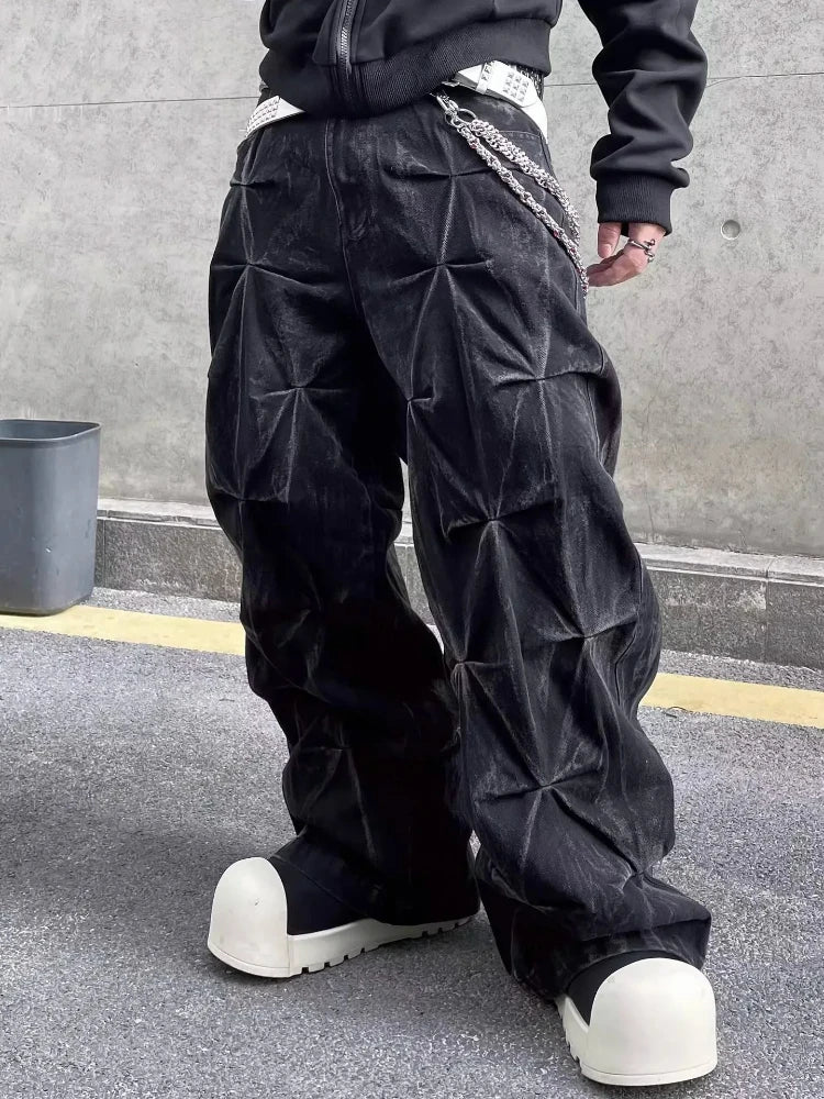 Men's Jeans Y2K Streetwear Black Pleated Baggy Denim Pants  Wide Leg Loose Fit Casual Fashion Trend