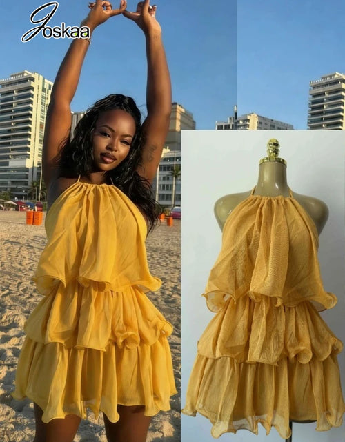 Load image into Gallery viewer, Women Summer Backless Yellow  Dress Sexy Halter  Ruffles Tiered Mini Beach Dress 2026
