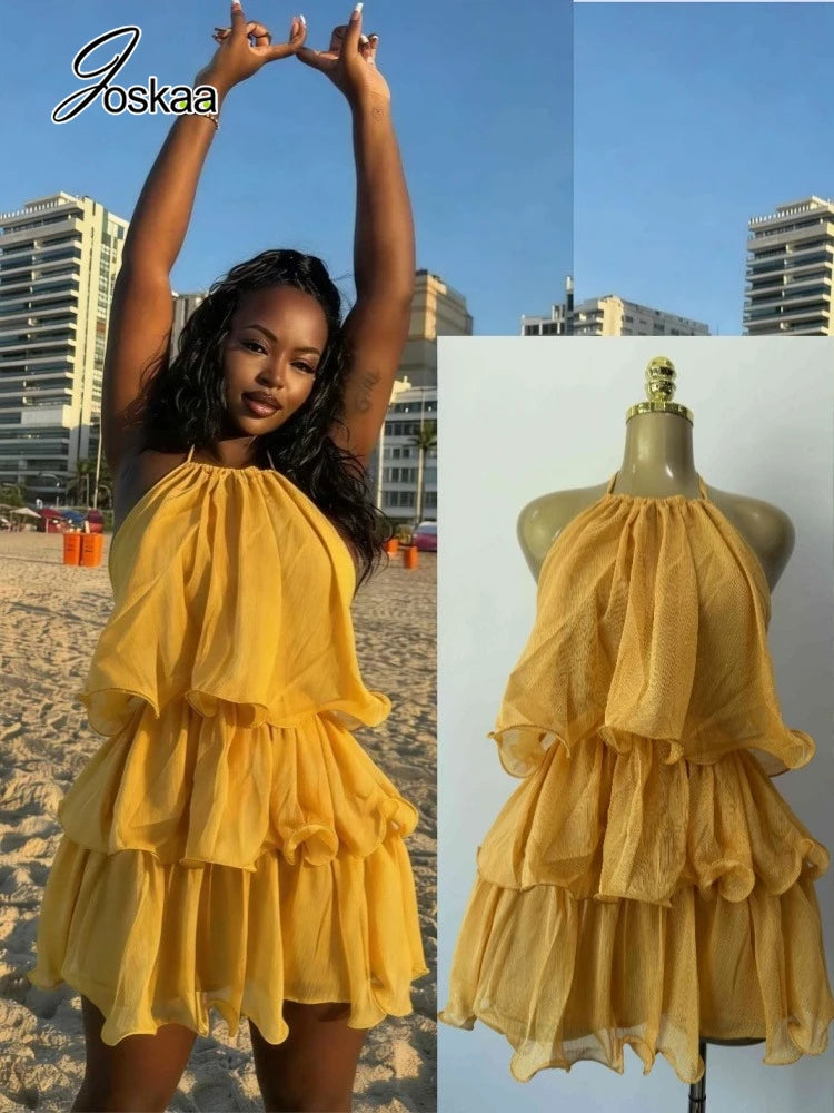 Women Summer Backless Yellow  Dress Sexy Halter  Ruffles Tiered Mini Beach Dress 2026