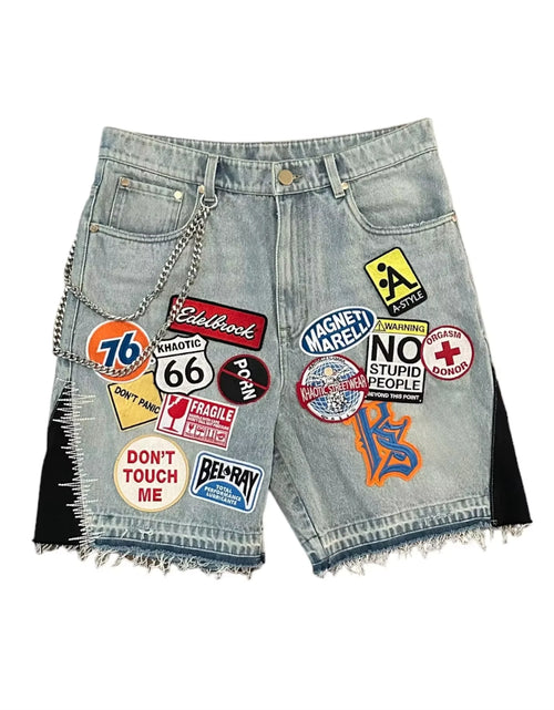 Load image into Gallery viewer, Retro Blue Streetwear Patchwork Denim Short Y2K Jeans Women Hip Hop Cartoon Graphics Loose Metal Denim Shorts
