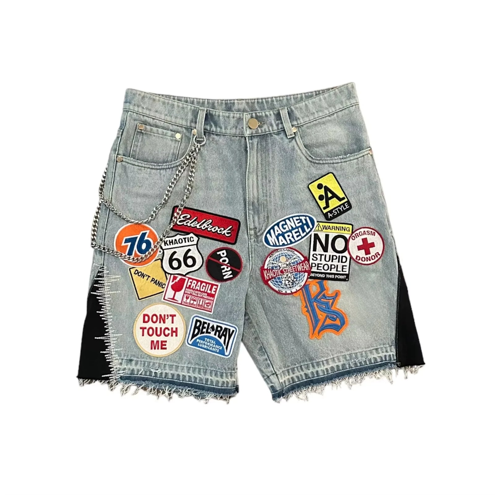 Retro Blue Streetwear Patchwork Denim Short Y2K Jeans Women Hip Hop Cartoon Graphics Loose Metal Denim Shorts