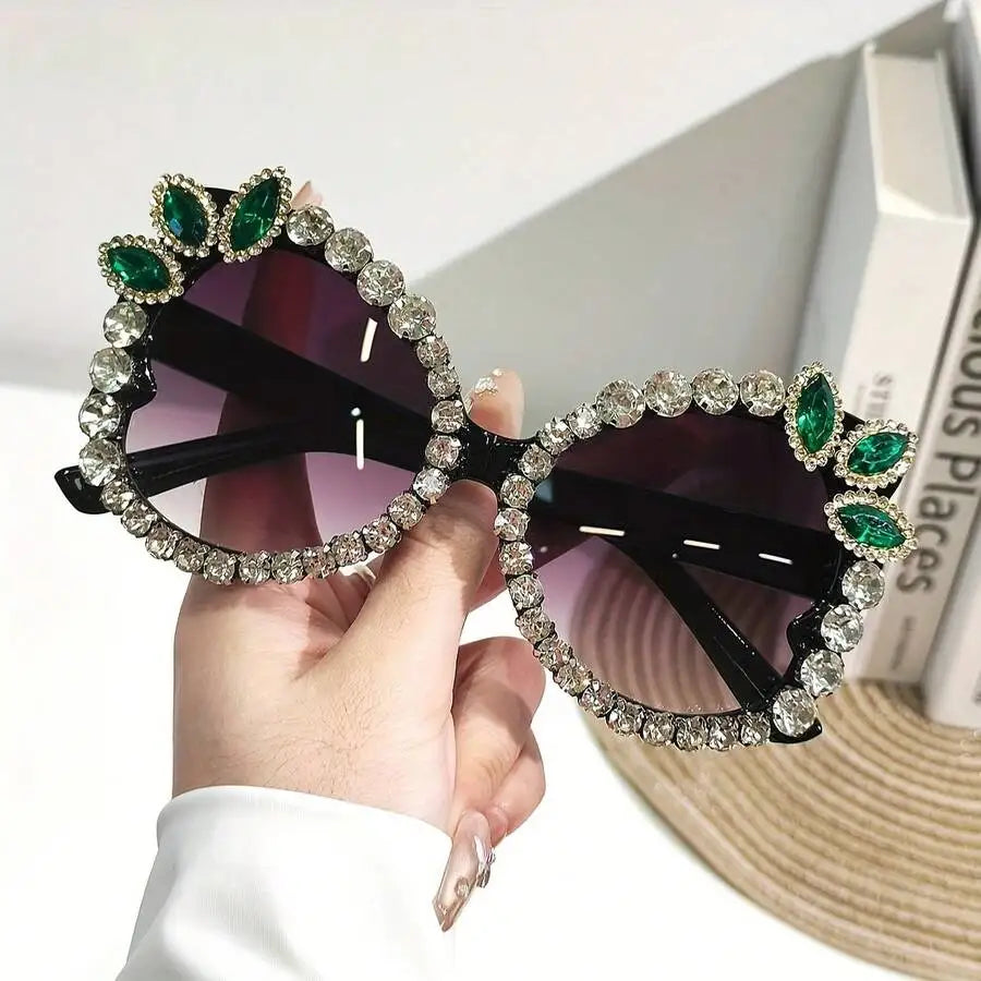 Womens Extra Large Rhinestone Floral Party Sunglasses Gradient Pink Purple Lens