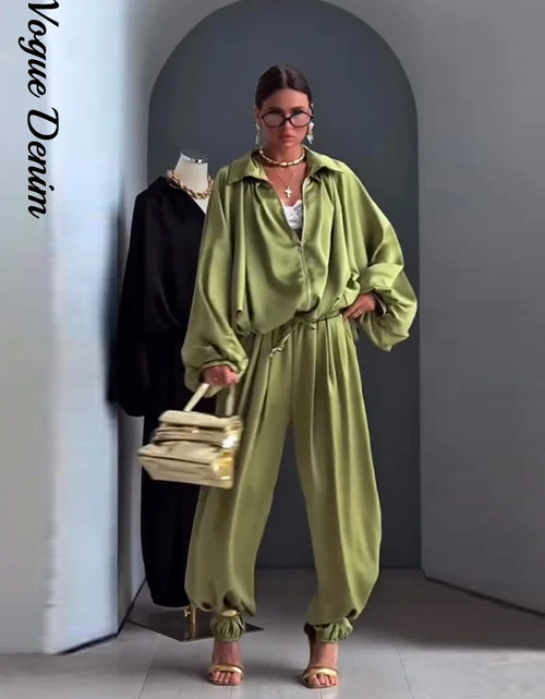 Load image into Gallery viewer, Women's Casual Loose Coats Pants Set Full Sleeve Lapel Zippers Solid Spring Suit High Waist Wide Leg Pants2026
