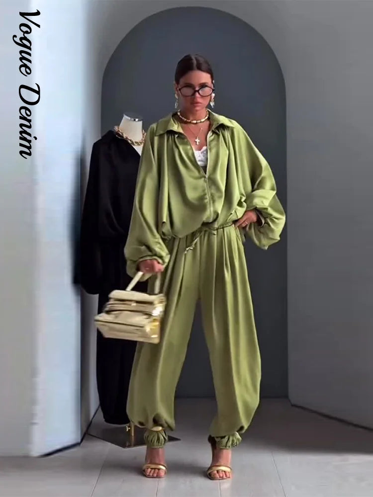 Women's Casual Loose Coats Pants Set Full Sleeve Lapel Zippers Solid Spring Suit High Waist Wide Leg Pants2026