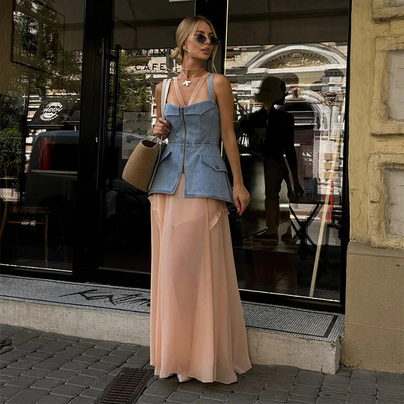 Women's Sleeveless Denim Vest Backless Zippers Tank Top with Pocket Summer 2026 Spring