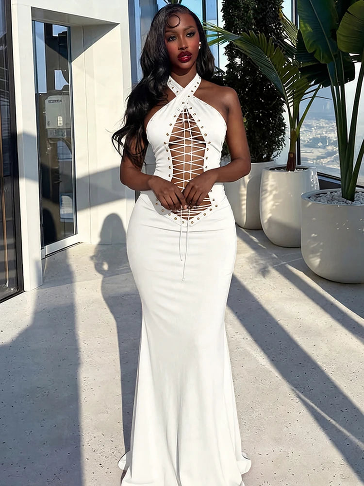 Women's Sexy Hollow Long Halter Backless Cross Bandage Decoration High Waist
