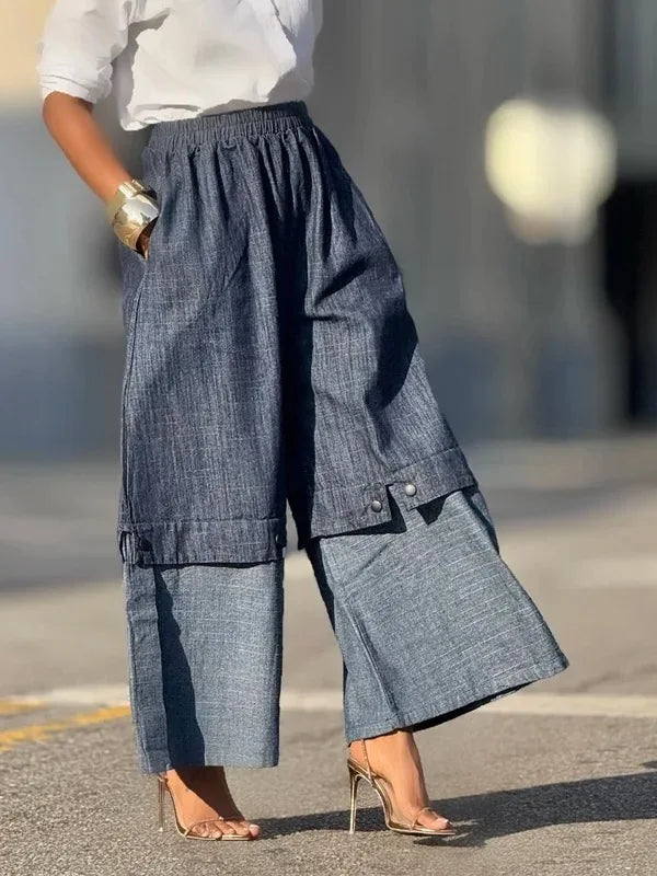 Urban Female Streetwear Layered Denim Wide Leg Pants Loose Elastic High Waisted Pockets Baggy Trousers