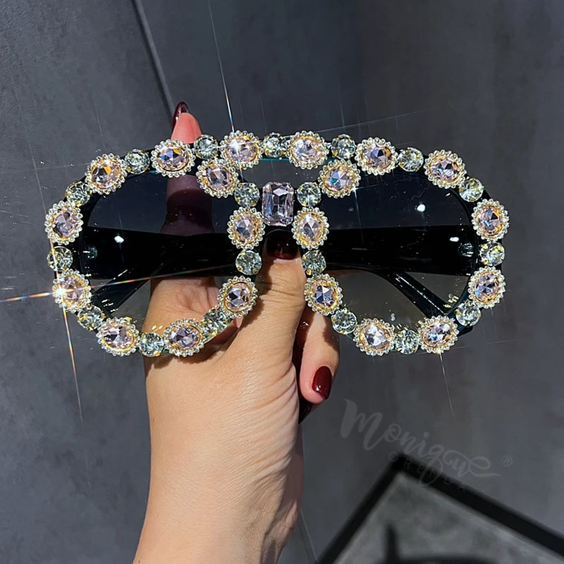 Oversized Vintage Sunglasses Women Luxury Gem Green Diamond Like SUV400