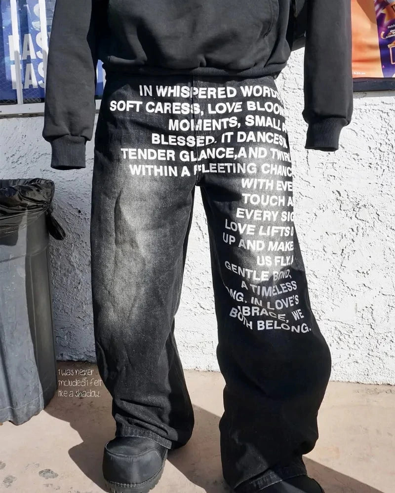 Men's retro Unique patterned alphabet  jeans personalized street clothing