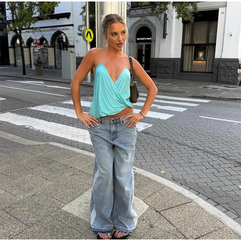 Women's Pleated Halter   Loose Sexy V-neck Sleeveless Backless Tops 2026 Spring Summer