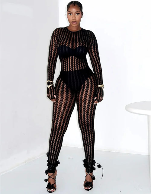 Load image into Gallery viewer, Woman's Hottie See Through Stripe Hollow Sexy Jumpsuit
