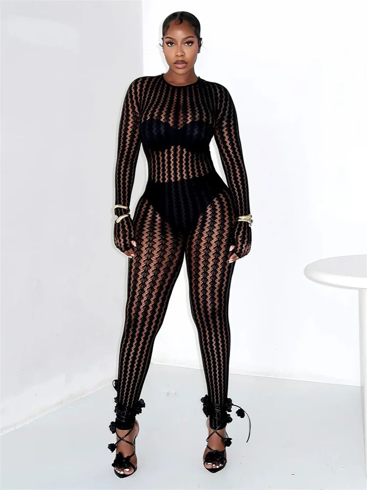 Woman's Hottie See Through Stripe Hollow Sexy Jumpsuit