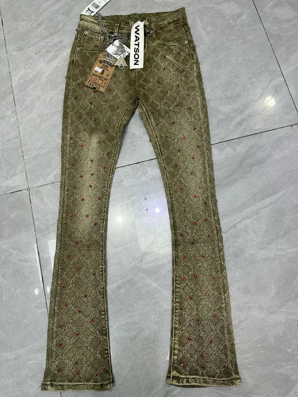 2026 Rhinestone Men's High Street quality Slim Fit Skinny long Denim Flared Jeans Pants