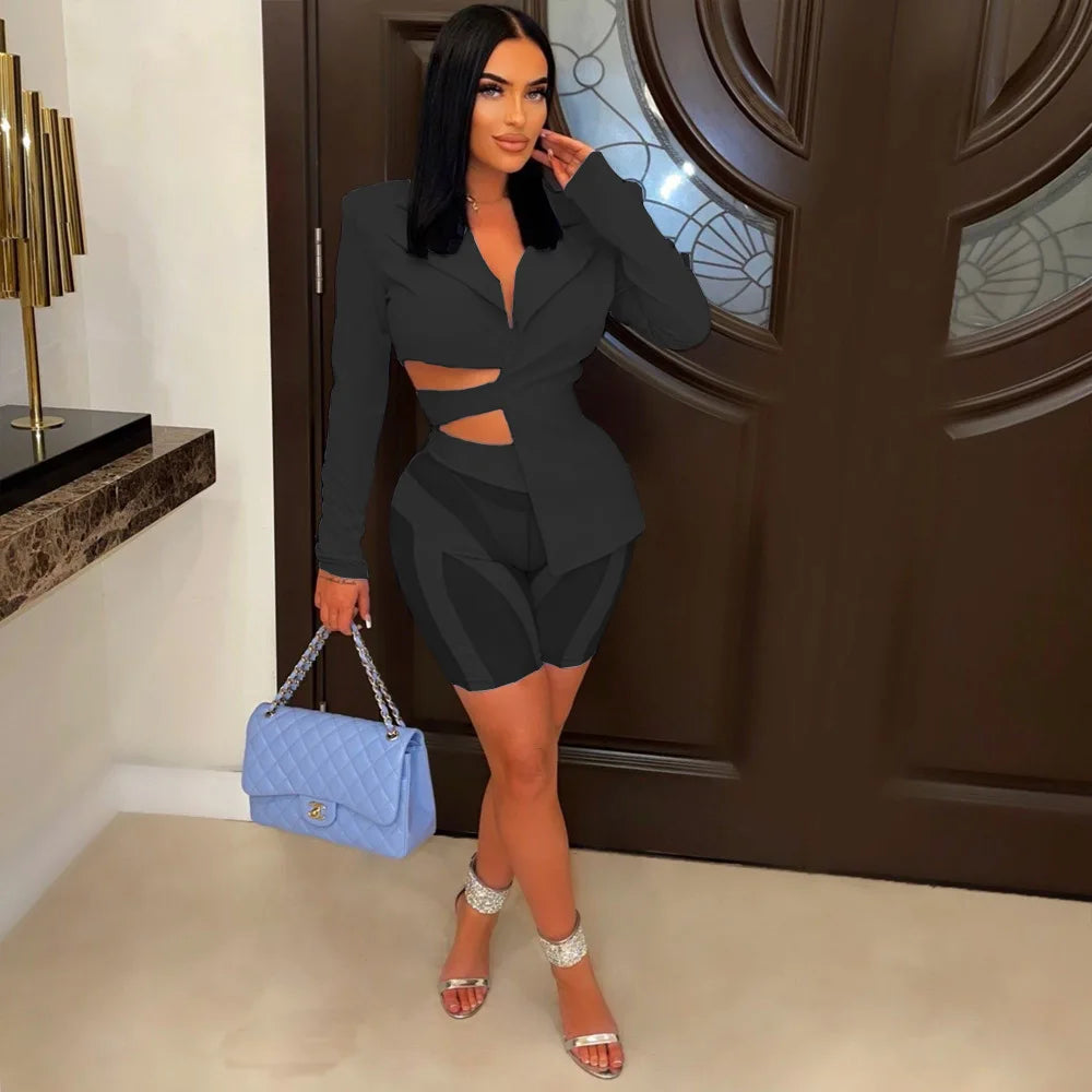 Two Piece Club Outfits Women Sexy Asymmetric Blazer and Mesh Shorts Leggings Matching Sets