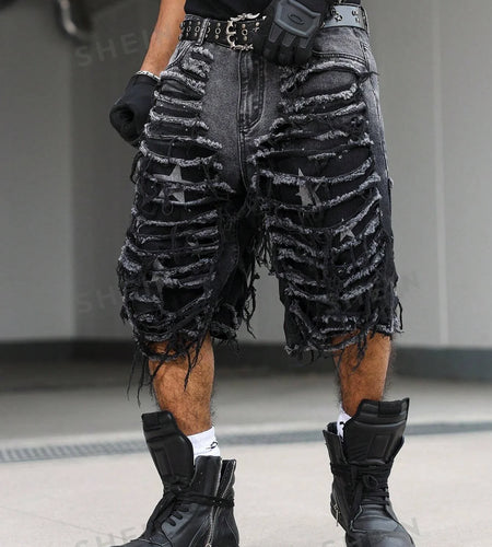 Men's Gothic Vintage Aesthetic Black Washed Ripped Denim Shorts, Summer Trendy Loose Raw Edge Fringed Five-Point Pants