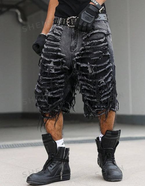 Load image into Gallery viewer, Men's Gothic Vintage Aesthetic Black Washed Ripped Denim Shorts, Summer Trendy Loose Raw Edge Fringed Five-Point Pants

