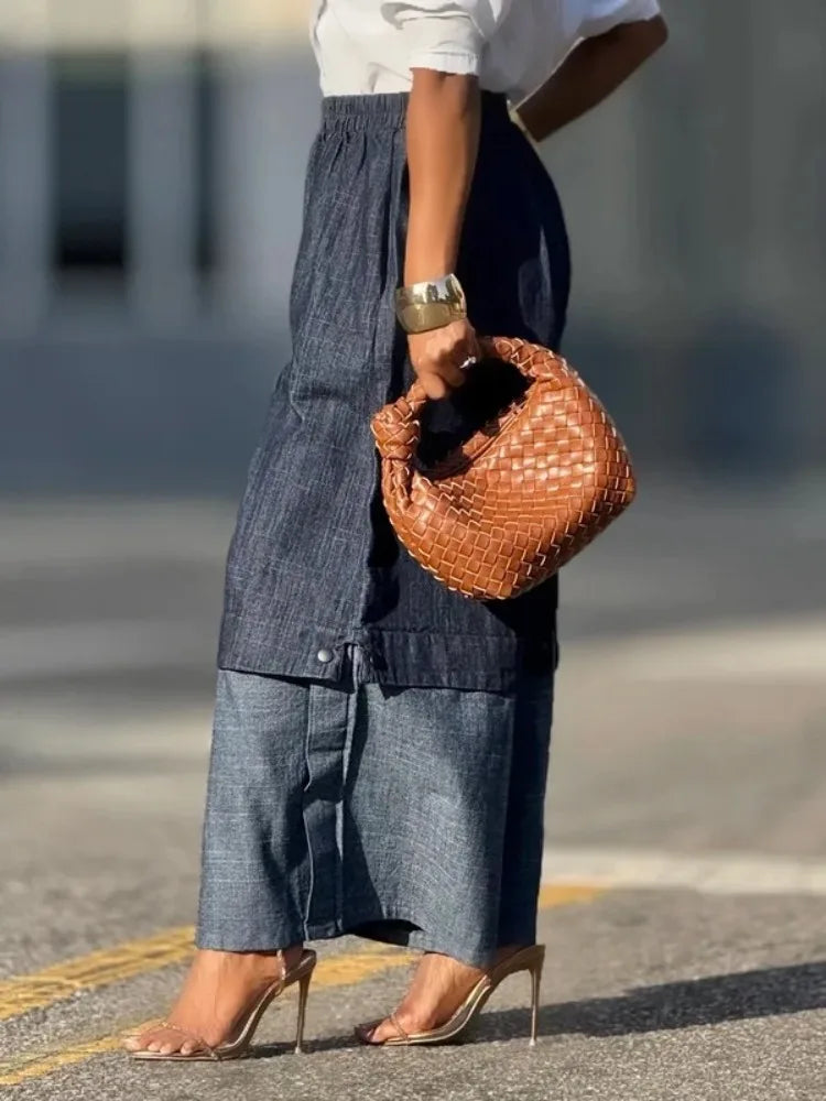Urban Female Streetwear Layered Denim Wide Leg Pants Loose Elastic High Waisted Pockets Baggy Trousers