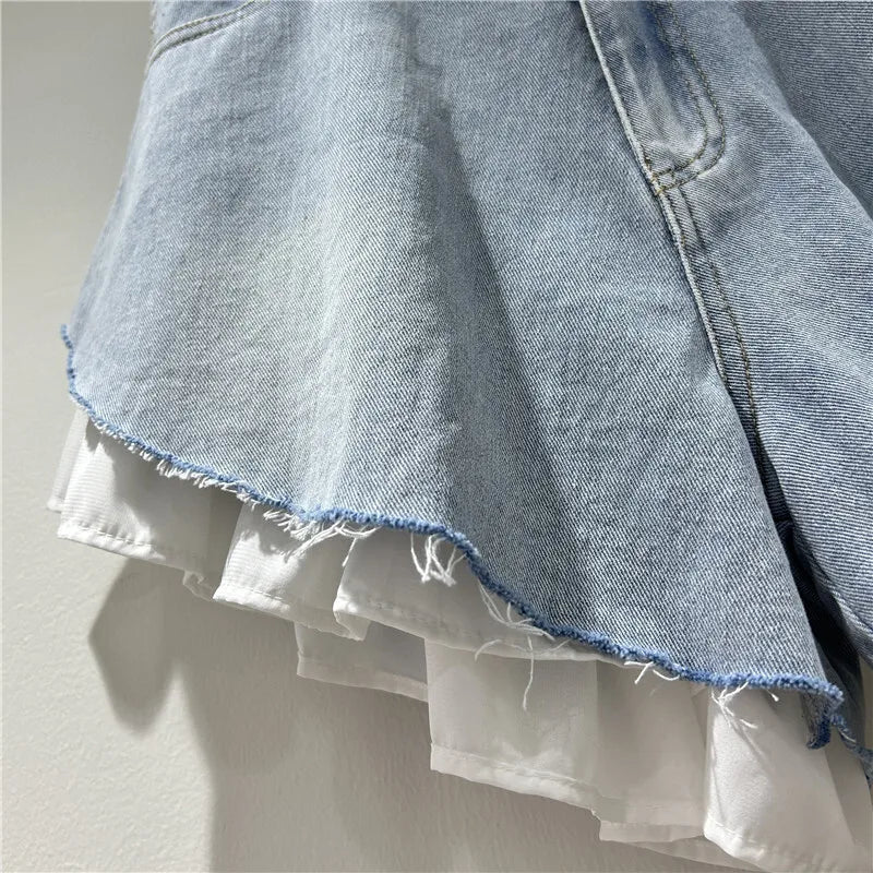 Women's Patchwork Hem Wash Denim Shorts Summer Trendy High Waist A-line Shorts