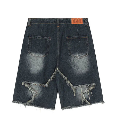 Men's Vintage Tassel Star Denim Shorts Loose Fit Hip Hop Summer Knee-Length Casual Jeans with Rivet Decoration