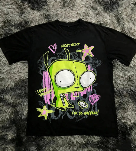 Vintage Invader Zim Cartoon Print Short Sleeve T-Shirt Retro Unisex Graphic Tee 90s Nostalgia Summer