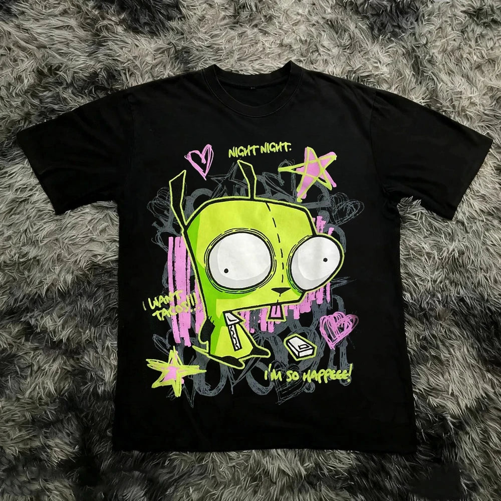 Vintage Invader Zim Cartoon Print Short Sleeve T-Shirt Retro Unisex Graphic Tee 90s Nostalgia Summer