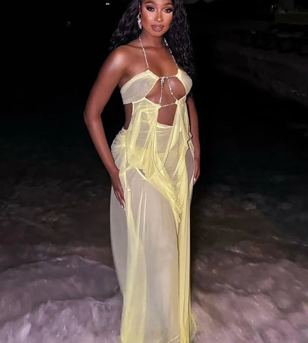 Sexy Backless Irregular Design Mesh See Through Beach Dress Women Halter Chain Deep V Scrunch Style