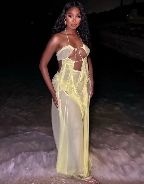 Load image into Gallery viewer, Sexy Backless Irregular Design Mesh See Through Beach Dress Women Halter Chain Deep V Scrunch Style
