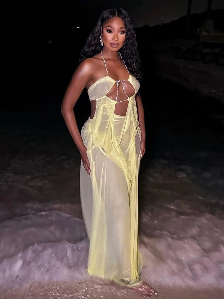 Sexy Backless Irregular Design Mesh See Through Beach Dress Women Halter Chain Deep V Scrunch Style