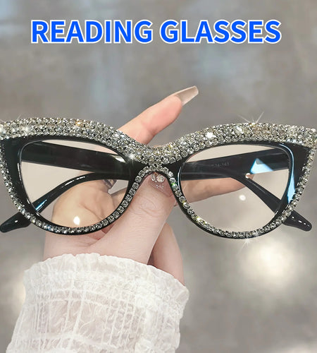 Rhinestone Trendy Reading Glasses for Women Retro Square Cute Cat Eye Glasses