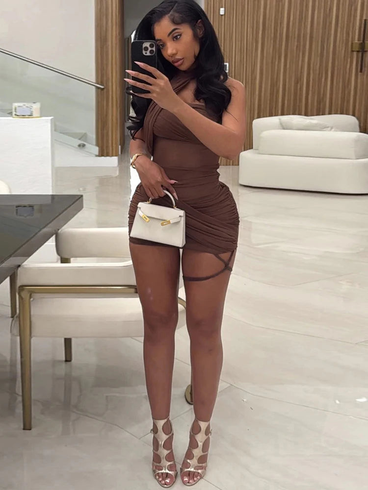 Women's Y2K See-Through Sexy Dress Cross Bandage Backless Halter Sleeveless Mini Bodycon Mid-Night Clubwear Summer Trend