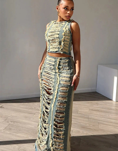 Load image into Gallery viewer, Streetwear Ripped Hole Denim Two Piece Set for Women Sleeveless Crop Top and Side Slit Long Skirt Sets Jean
