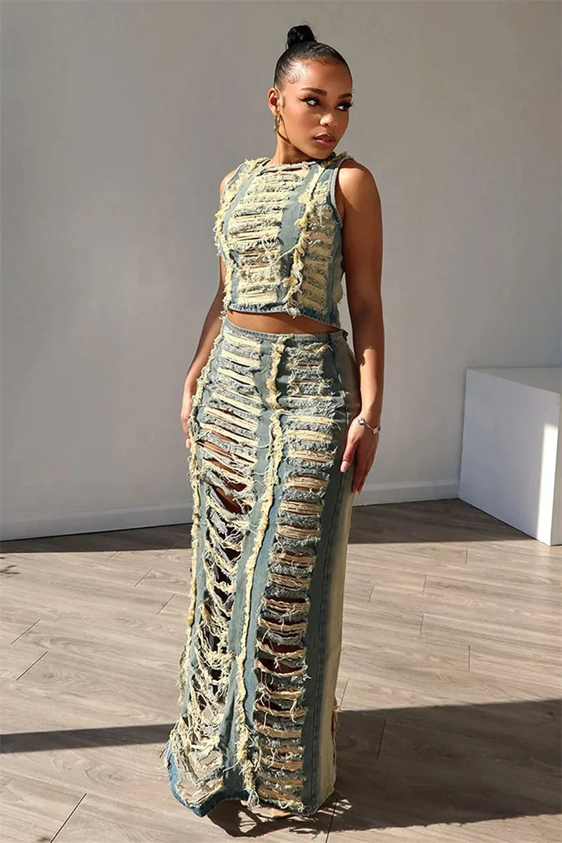 Streetwear Ripped Hole Denim Two Piece Set for Women Sleeveless Crop Top and Side Slit Long Skirt Sets Jean
