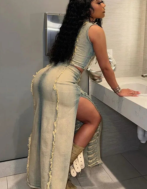 Load image into Gallery viewer, Streetwear Ripped Hole Denim Two Piece Set for Women Sleeveless Crop Top and Side Slit Long Skirt Sets Jean
