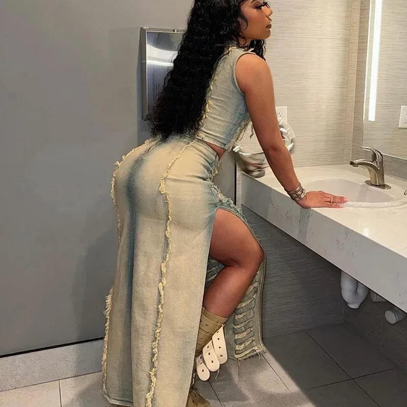 Streetwear Ripped Hole Denim Two Piece Set for Women Sleeveless Crop Top and Side Slit Long Skirt Sets Jean