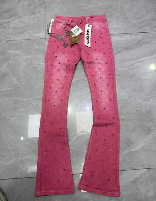 Load image into Gallery viewer, 2026 Rhinestone Men's High Street quality Slim Fit Skinny long Denim Flared Jeans Pants
