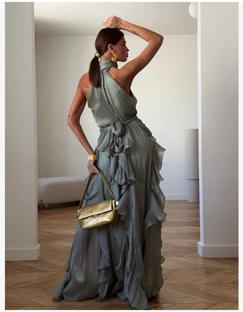 Load image into Gallery viewer, Women's Sleeveless Halter Neck Ruffle Maxi Dress Elegant Chiffon Tiered Waist Cinching Ankle-Length Solid Color Party Dress
