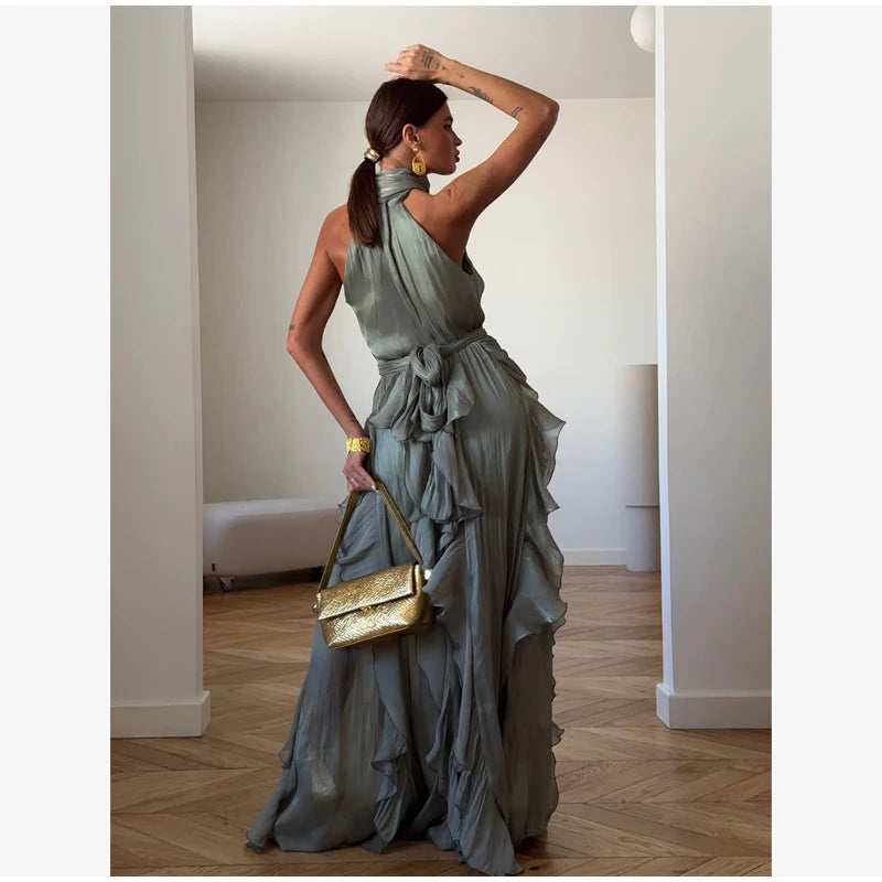 Women's Sleeveless Halter Neck Ruffle Maxi Dress Elegant Chiffon Tiered Waist Cinching Ankle-Length Solid Color Party Dress